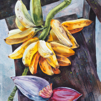 Malerei mit dem Titel "Bananas on a wooden…" von Delnara El, Original-Kunstwerk, Aquarell