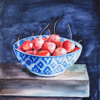 Pintura intitulada "Cherries in pattern…" por Delnara El, Obras de arte originais, Aquarela