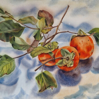 Malerei mit dem Titel "Persimmons season" von Delnara El, Original-Kunstwerk, Aquarell