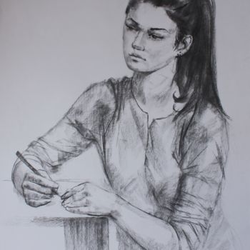 Drawing titled "Портрет девушки." by Aleksei Zaletov, Original Artwork, Charcoal