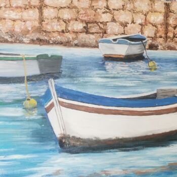 Painting titled "Les barques" by Marie Hélène, Original Artwork, Oil Mounted on Wood Stretcher frame