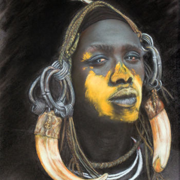 Peinture intitulée "guerrier-mursi.jpg" par Delphine Caissial, Œuvre d'art originale, Pastel