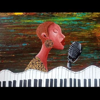 Schilderij getiteld "Chanteuse de Jazz" door Delphine Portier, Origineel Kunstwerk, Acryl Gemonteerd op Frame voor houten br…