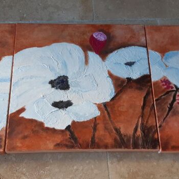 Painting titled "coquelicot blanc au…" by Delphine Grezes, Original Artwork, Oil Mounted on Wood Stretcher frame