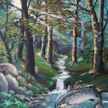 Pintura intitulada "Ruisseau à truites" por Magda, Obras de arte originais, Acrílico