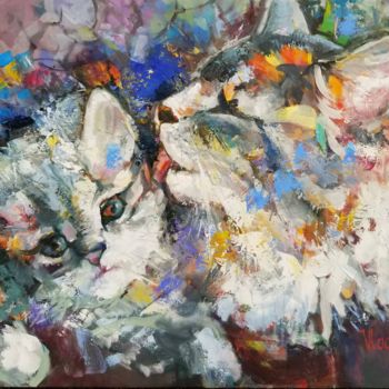 Malerei mit dem Titel "Mother and kitty" von Vladimir Demidovich, Original-Kunstwerk, Öl