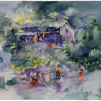 Peinture intitulée "《古村系列3》" par Chun Lei Deng, Œuvre d'art originale, Aquarelle
