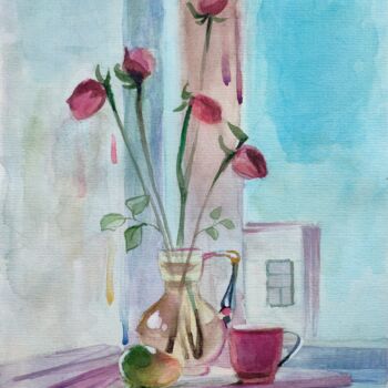 Peinture intitulée "Натюрморт с розами…" par Denis Filip, Œuvre d'art originale, Aquarelle