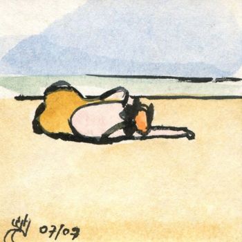 Disegno intitolato "Landes, plage de Me…" da Denis Demouge, Opera d'arte originale