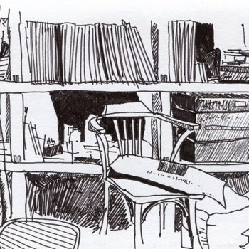 Dibujo titulada "Un salon à Trouville" por Denis Demouge, Obra de arte original