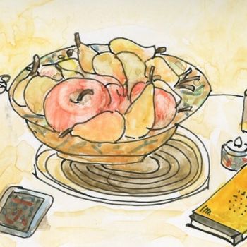 Drawing titled "pommes et poires du…" by Denis Demouge, Original Artwork