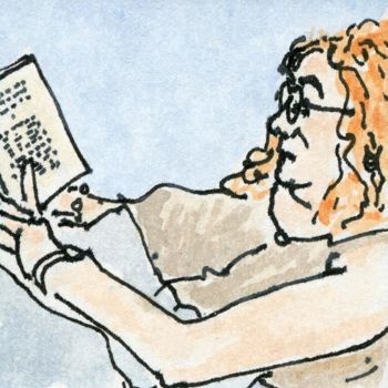 Dessin intitulée "Lecture au lit bleu…" par Denis Demouge, Œuvre d'art originale