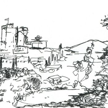 Desenho intitulada "Le village et son c…" por Denis Demouge, Obras de arte originais