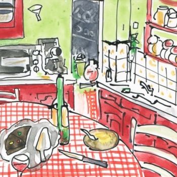 Drawing titled "Cazalis, la cuisine…" by Denis Demouge, Original Artwork