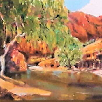 Peinture intitulée "Waterhole" par Denise Campbell, Œuvre d'art originale, Huile Monté sur Panneau de bois