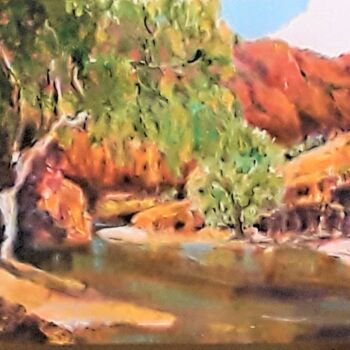 Painting titled "Waterhole" by Denise Campbell, Original Artwork, Oil Mounted on Wood Panel