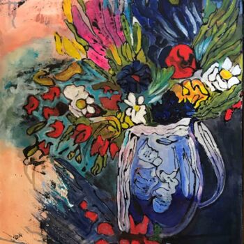 Peinture intitulée "Bouquet au vase bleu" par Denise Grisi, Œuvre d'art originale, Acrylique Monté sur Châssis en bois