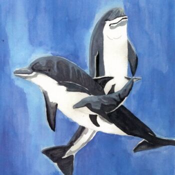 Painting titled "Dauphins" by Denise Langlais, Original Artwork, Oil
