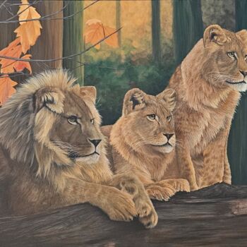Painting titled "Lion's Harmony" by Denise Martens Art, Original Artwork, Acrylic