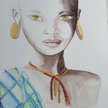 Painting titled "AFRICANA II" by Denise Serralheiro, Original Artwork, Watercolor Mounted on Wood Stretcher frame