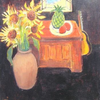 Peinture intitulée "ANANAS ET GUITARE" par Denise Jouve, Œuvre d'art originale, Acrylique