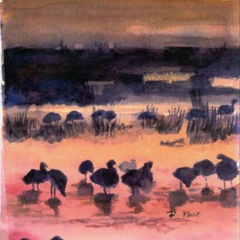 Картина под названием "birdsinsunset.jpg" - Deborah Paige Jackson, Подлинное произведение искусства, Акварель