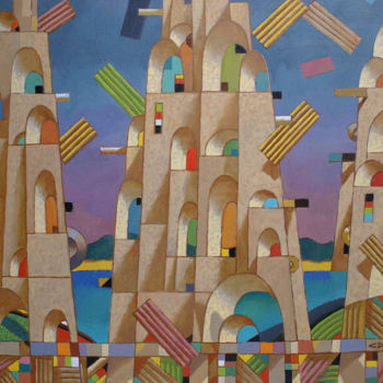 Peinture intitulée "City by the sea" par Sergey Dergun, Œuvre d'art originale, Huile Monté sur Châssis en bois