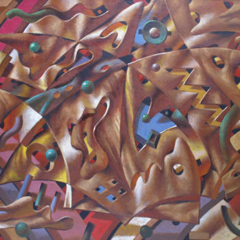 Painting titled "Абстрактный сюжет" by Sergey Dergun, Original Artwork, Oil Mounted on Wood Stretcher frame
