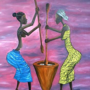 Painting titled "Frauen stampfen" by Abdoul-Ganiou Dermani, Original Artwork