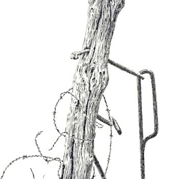 Drawing titled "Pieu enferraillé" by Pierre Fabry, Original Artwork, Ink