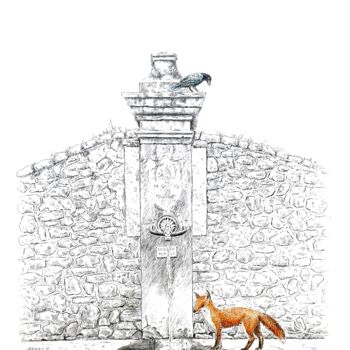 Dibujo titulada "Fable à la fontaine" por Pierre Fabry, Obra de arte original, Tinta