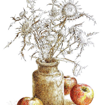 Dessin intitulée "Pommes et noix aux…" par Pierre Fabry, Œuvre d'art originale, Encre