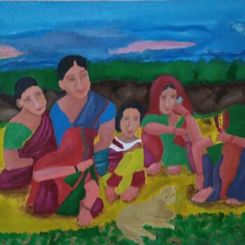 Schilderij getiteld "Peace Of Village" door Devendra Kumar Patel, Origineel Kunstwerk, Olie