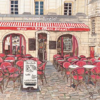 Рисунок под названием "Café in Semur en Au…" - Fiona Maude Malseed-Viollet, Подлинное произведение искусства, Карандаш