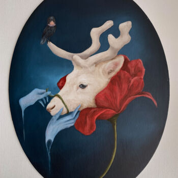 Painting titled "CERVUS EX FLORE NAT…" by Devralium, Original Artwork, Oil Mounted on Cardboard