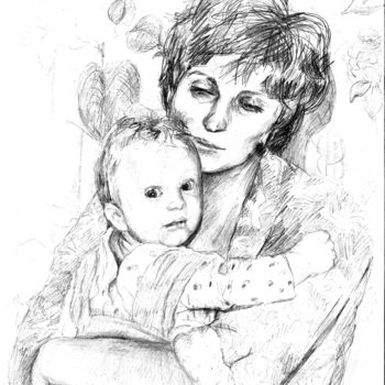 Drawing titled "Материнская любовь" by Ninel Gumetskaia, Original Artwork, Pencil
