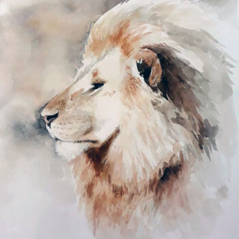 Malarstwo zatytułowany „Watercolor lion” autorstwa Ramona Pepegna Bianchini, Oryginalna praca, Akwarela
