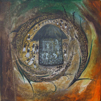 Painting titled "hut-celebration-ric…" by Dhanaraj Keezhara, Original Artwork