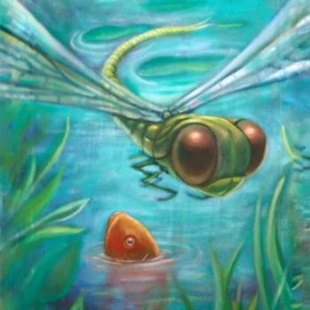 Painting titled "dragonfly and fish" by Dhaveed Woody, Original Artwork, Oil
