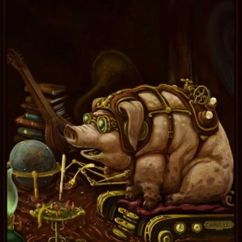 Painting titled "steampunk pig" by Dhaveed Woody, Original Artwork, Oil