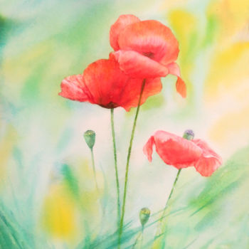 Painting titled "red flowers" by Di Hao, Original Artwork, Watercolor