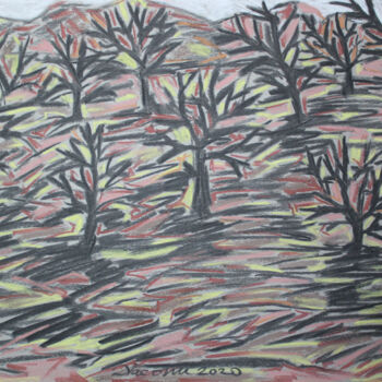 Zeichnungen mit dem Titel "Landscape with plums" von Diaconu Stefan Ioan, Original-Kunstwerk, Pastell