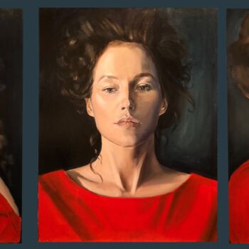 Painting titled "Woman in red, tript…" by Diana Fuchs, Original Artwork, Oil Mounted on Wood Stretcher frame