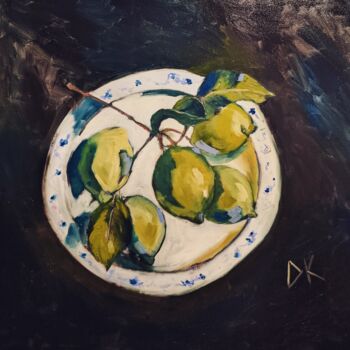 Painting titled "Zitronen auf Teller" by Diana Knepper, Original Artwork, Oil Mounted on Wood Stretcher frame