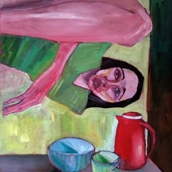 Malerei mit dem Titel "Morgenkaffee" von Diana Knepper, Original-Kunstwerk, Öl Auf Holzplatte montiert