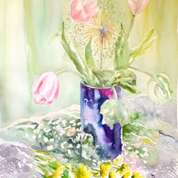 Painting titled "Pink tulips" by Diana Mazjane, Original Artwork, Watercolor