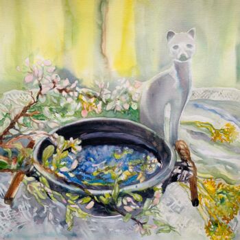 Painting titled "Still life with cat" by Diana Mazjane, Original Artwork, Watercolor