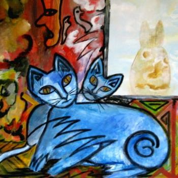 Peinture intitulée ""Gatos azuis"" par Diana Doctorovich, Œuvre d'art originale