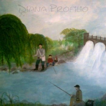 Painting titled "Pescando con papá" by Diana Profilio, Original Artwork, Oil