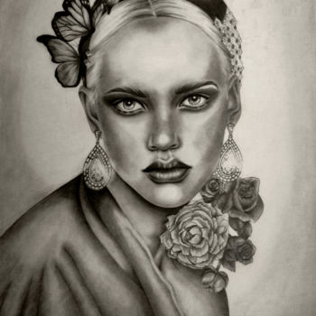 Drawing titled "Lady Butterfly" by Diana Toma, Original Artwork, Graphite